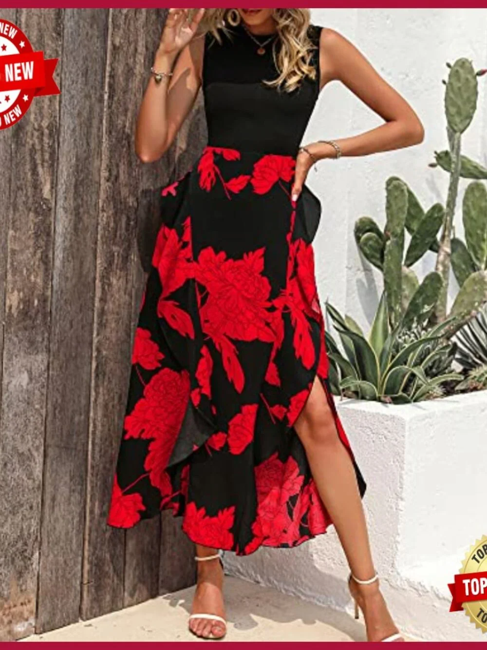 Sleeveless Midi Dress Floral Ruffle A-Line High Waist Casual Party - Picture 4 of 7